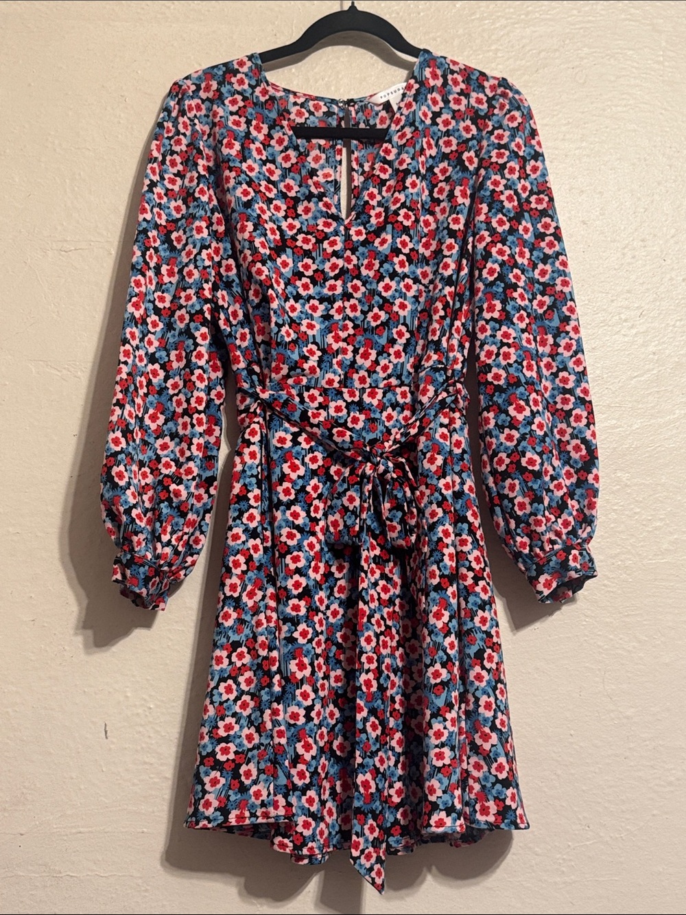 POPSUGAR Red, Blue & White Floral Tie-Waist Mini Dress